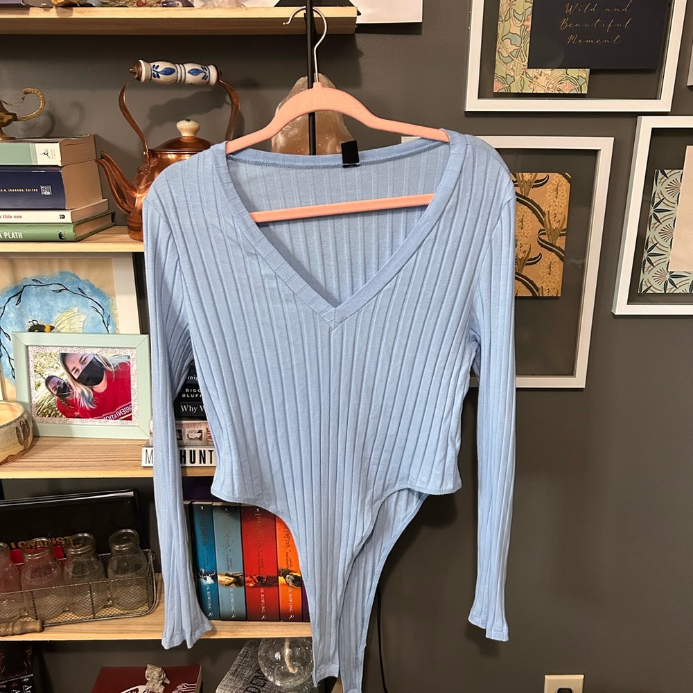 SHEIN Blue Ribbed Long Sleeve Bodysuit